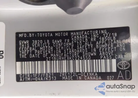 2019 Toyota Corolla L/Le/Xle/Se/Xse z USA, uszkodzony, nr VIN 2T1BURHEXKC224550